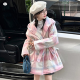 女童2025年冬季新款粉色格子中长款加厚大衣女大童户外温柔风外套，童装外套，祺儿童装