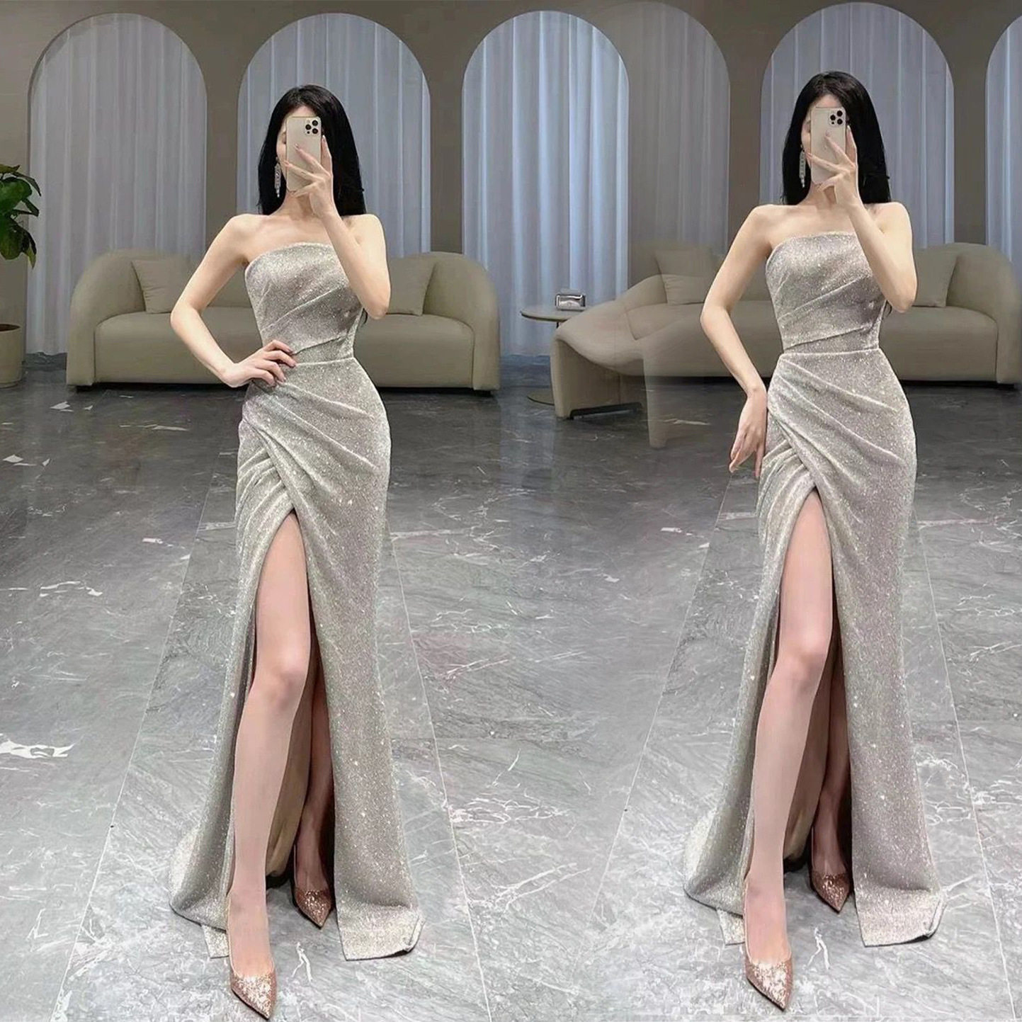 性感抹胸晚礼服灰色开叉2026新款宴会气质鱼尾成人礼主持人礼服裙