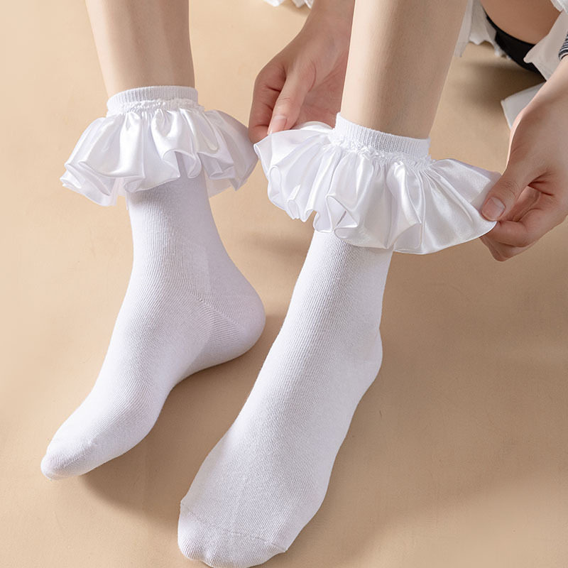 芙宁娜袜子甜妹少女洛丽塔可爱花边袜子简约黑白色jk制服中筒袜