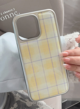 AceCase简约黄色格纹适用苹果16手机壳iphone14promax滴胶13小众12韩系15电镀银11