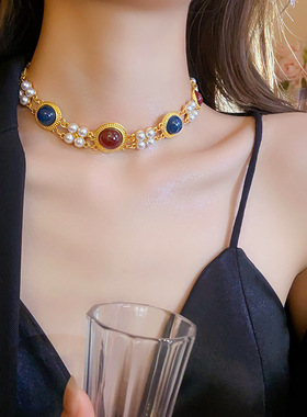 中古蓝红撞色项链女2025新款潮爆款复古宫廷风锁骨链个性礼服颈链