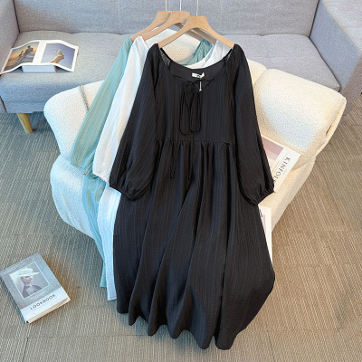 2026春夏新品300斤加大码女装长裙270胖mm轻奢绑带休闲连衣裙240