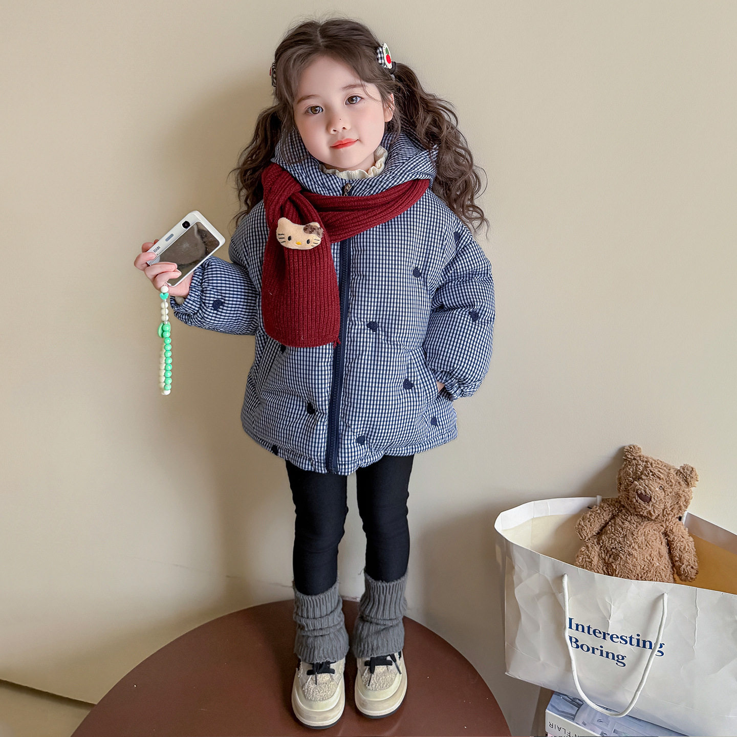 女童格子棉服外套韩系秋冬装新款小女孩加厚保暖棉衣儿童冬季棉袄，童装棉衣，祺妙童装