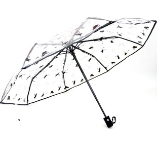 高颜值透明雨伞ins网红折叠卡通可爱学生三折伞女生拍照自动雨伞