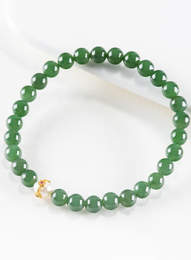 天然老料和田玉碧玉珍珠手链玉石女款古风手串送礼档证书