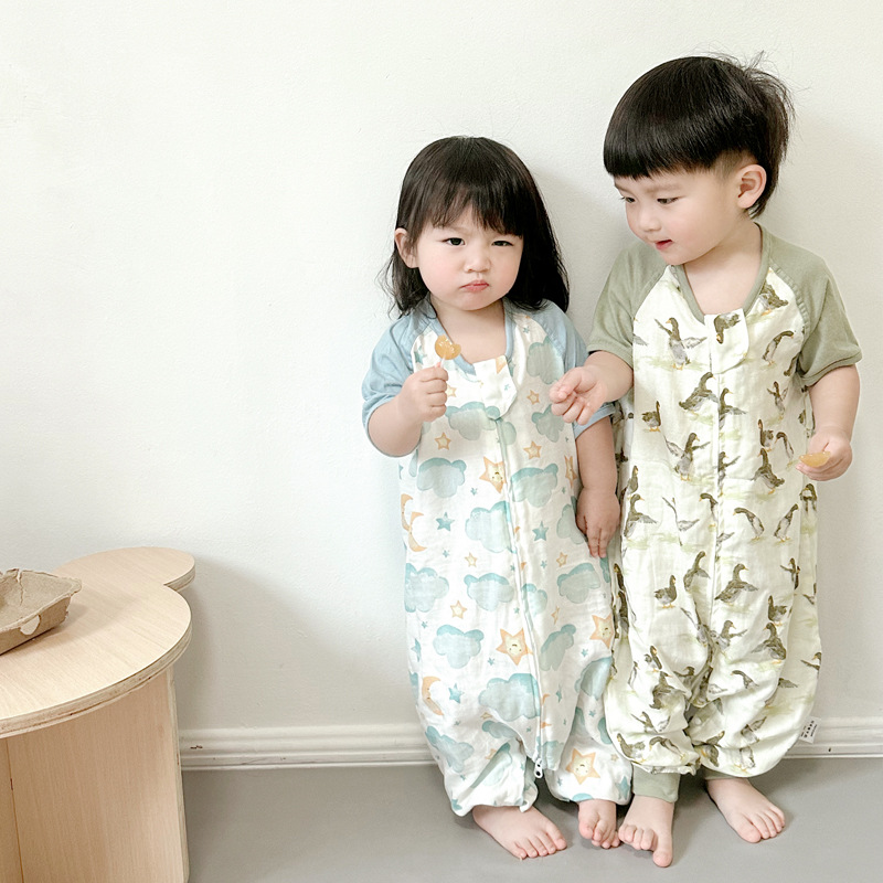 婴儿睡袋双层纱布短袖宝宝夏季薄透气四季通用儿童分腿防踢被睡衣