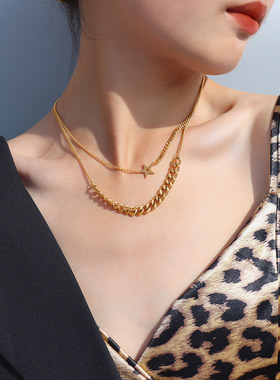 欧美necklace women粗链条吊坠双层叠戴项链女锁骨链钛钢饰品P935
