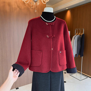 妈妈装小香风毛呢外套短款女秋冬喜婆婆婚宴红色国风礼服