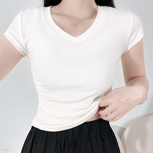 t恤女装 夏季 2024新款 正肩上衣 白色短袖 修身 显瘦设计感掐腰v领短款