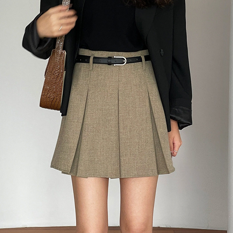 翡格依GN减龄裙女春秋A字短裙百褶裙小个子高腰显瘦A字裙送腰带