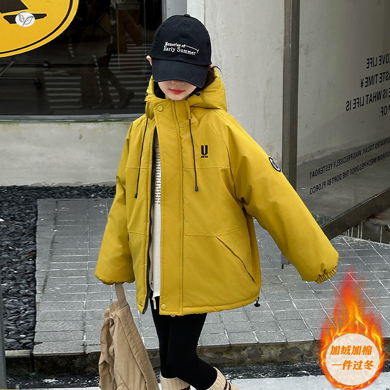 女童加绒加厚棉服外套2025年冬季新款中大童保暖派克服连帽夹克衫，童装棉衣，祺儿童装