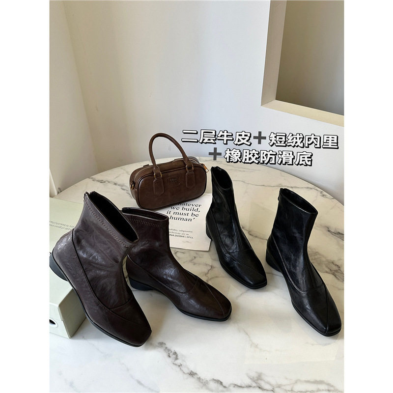 品质！牛皮版二层牛皮真皮复古粗跟方头拉链皮鞋短靴靴子女秋冬,女鞋,时装靴,淘宝优惠券,粉丝福利购,淘宝优惠卷