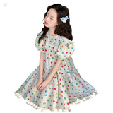 女童夏季泡泡袖连衣裙2025新款儿童韩系波点大蝴蝶结公主裙短袖裙，商品下架区，祺儿童装
