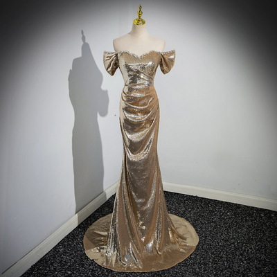 2026金色晚礼服女级感主持人一字肩拖尾亮片定美声独唱声乐艺考