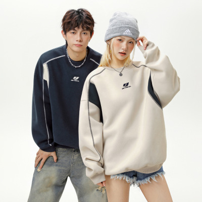 JAY'S STORE复古撞色拼接圆领卫衣情侣秋季质感廓形宽松套头衫