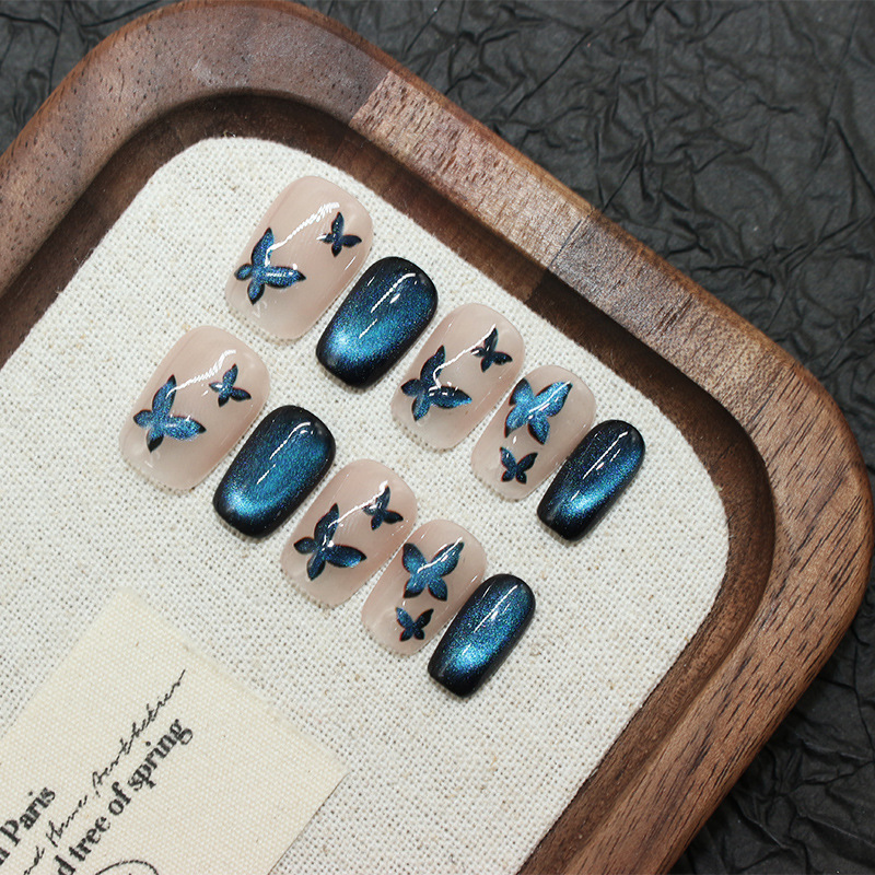 蓝蝴蝶纯手工穿戴甲蝴蝶蓝色短款猫眼贴片蓝色甜酷辣妹爆闪美甲