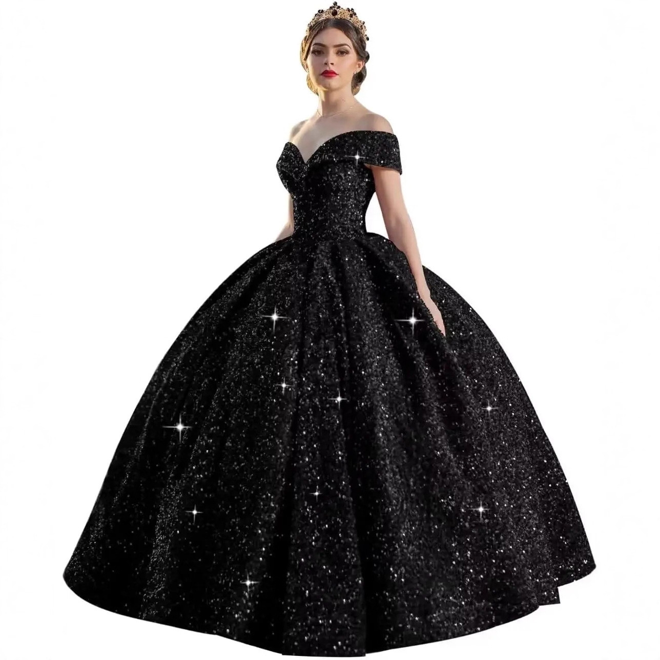 亮片一字肩晚礼服女舞台独唱演出服钢琴表演美声乐艺考轻奢蓬蓬裙