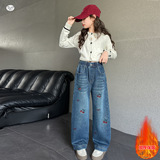 女童牛仔裤加绒2025年秋冬新款中大童樱桃刺绣阔腿裤休闲直筒长裤，童装裤子，祺儿童装