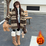 女童加厚外套2025年秋冬新款中大童森系提花连帽毛毛衣中长款棉衣，童装外套，祺儿童装