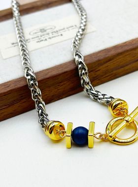 欧美个性撞色冷淡风青金石OT扣项链短款锁骨链ins级感小众颈链