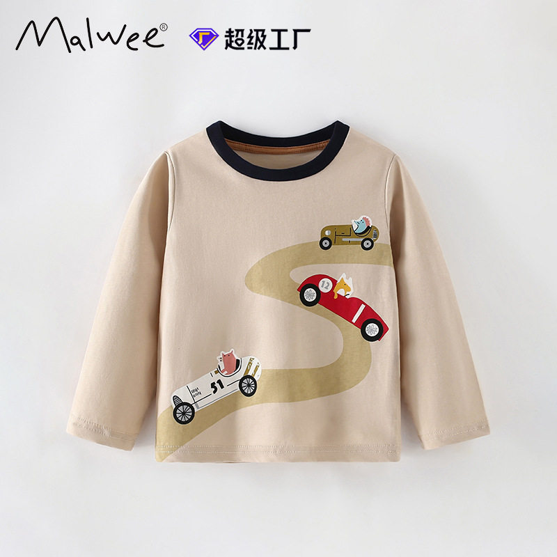 男童长袖T恤打底衫春秋宝宝小汽车赛车中小儿童帅气圆领休闲上衣