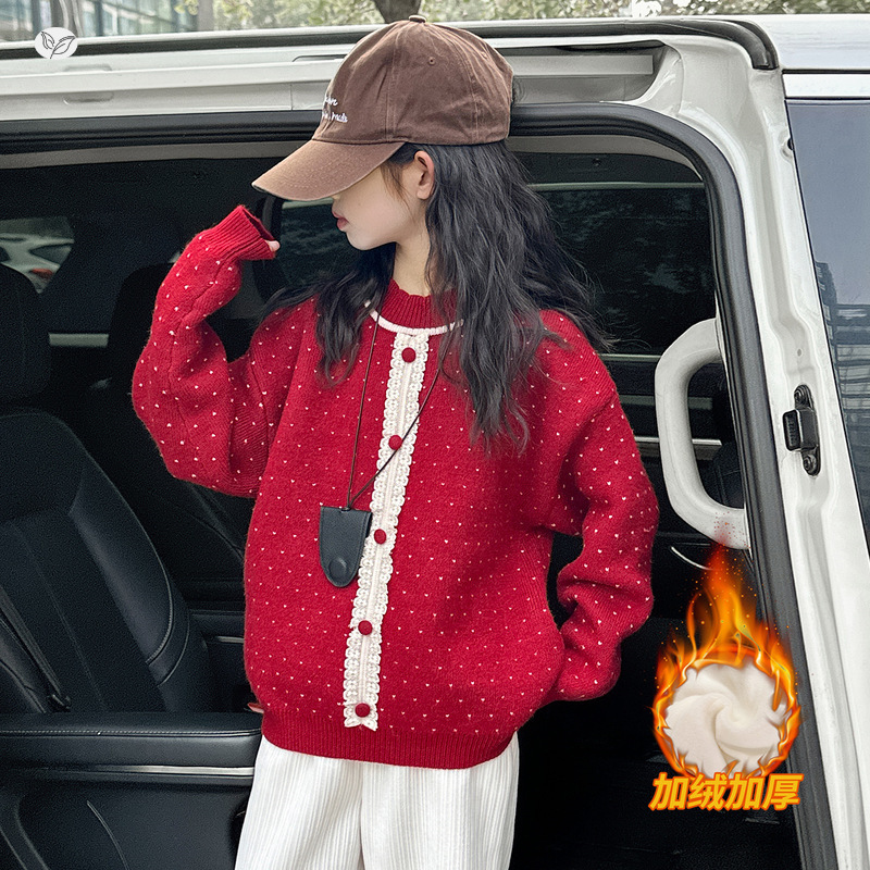 女童一体绒毛衣2025年秋冬新款波点针织衫中大童甜美撞色花边上衣，童装毛衣，祺儿童装