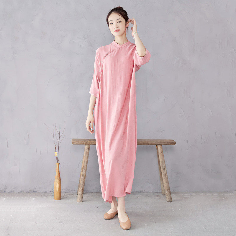 龄旗袍裙改良新中式长款女夏季连衣裙大码粉年轻款橄榄绿短袖