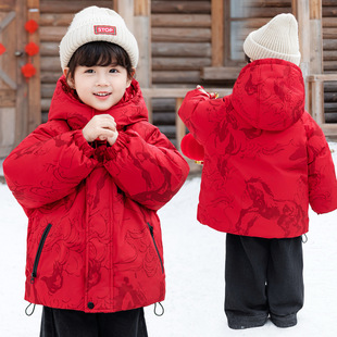 童羽绒服2025新款中小童韩版洋气红色外套儿童加厚拜年冬装