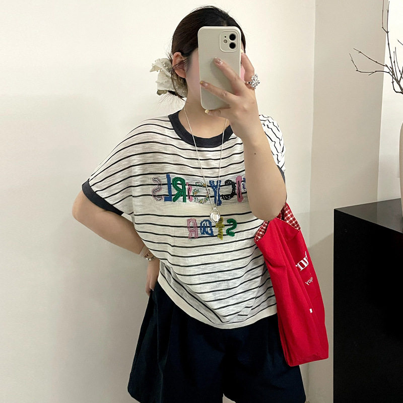 乃粒23986大码女装宽松条纹衫2026夏胖mm休闲针织衫女提花短袖t恤