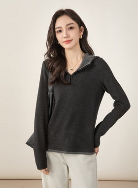 Eworld2025冬 修身带帽卫衣女冬季新品通勤百搭套头衫X65711