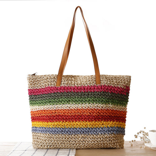 New Rainbow Color-block Striped Shoulder Rope Woven Bag Beac