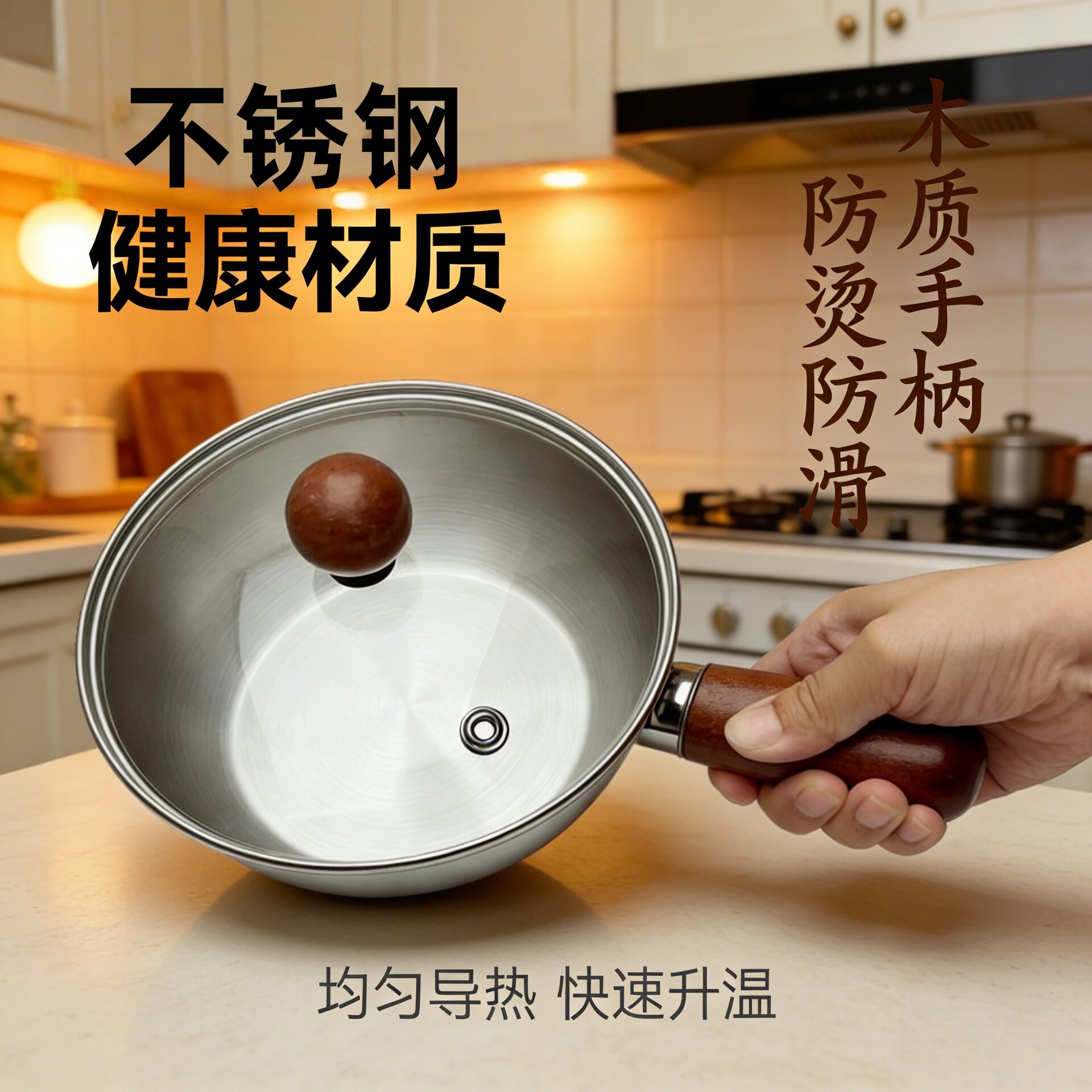 加厚不锈钢多功能木柄辅食小锅