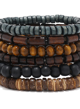 Men's Vintage Layered Beaded Bracelet, Handmade Wood Beads