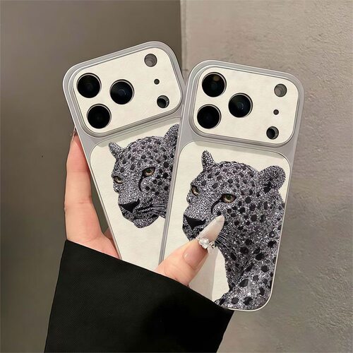 electroplating cartoon Grey leopard case适用iphone 11 12 13 14 15 16 17 pro max XR XS MAX 7 8 PLUS