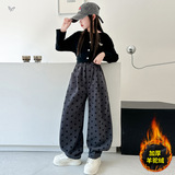 女童加绒波点裤2025年秋冬新款中大童休闲阔腿裤灯笼裤宽松弯刀裤，童装裤子，祺儿童装