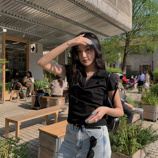 t恤女夏季 基础百搭显瘦polo领短袖 休闲风正肩上衣女