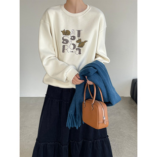 休闲简约圆领长袖 新款 上衣 2026春季 韩系小狗字母图案加绒卫衣女款