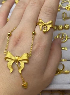 沙金优雅公主锁骨项链女蝴蝶结爱心流苏吊坠锁骨链戒指耳钉套装