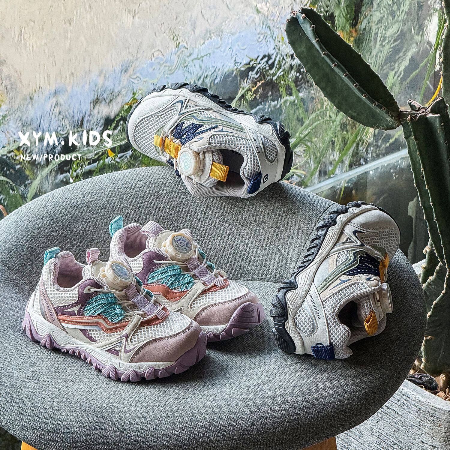 2026春儿童网面透气运动鞋米蓝粉撞色时尚小孩旋转扣男女童休闲鞋