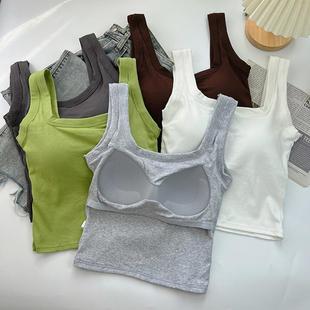 上衣 纯棉方领背心女带胸垫一体杯吊带内搭打底外穿ins潮辣妹短款