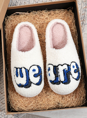 新ins秋冬季印花刺绣棉拖鞋厚底女士居家毛拖鞋跨境慈溪WEARE