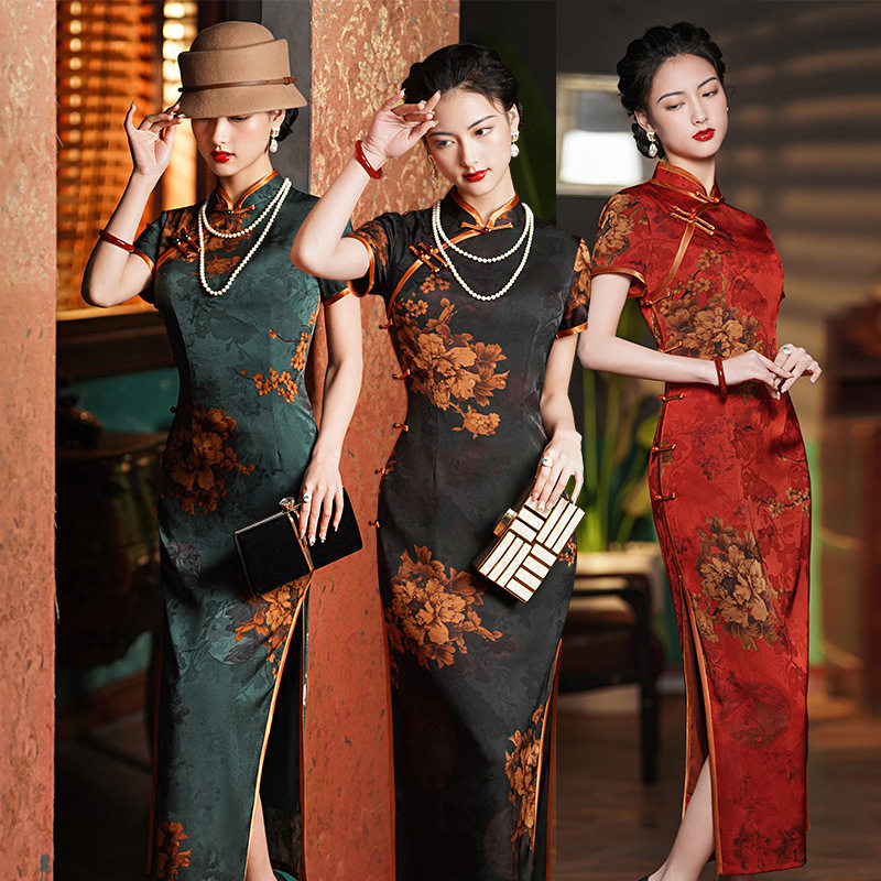 3037古圣娇新款中国风女春季花萝旗袍长款礼服日常改良走秀连衣裙