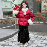 女童新款2025年冬可拆卸毛茸围脖年服套装女大童新春毛袖口拜年服，童装休闲套装，祺儿童装