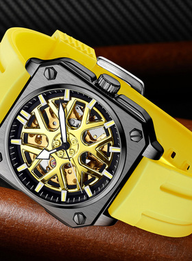 BIDEN拜登男士机械表全自动手表镂空时尚硅胶表带方形手表