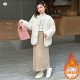 女童毛毛衣夹棉加厚2025冬季新款韩系皮毛一体外套中大童时髦上衣，童装外套，祺儿童装