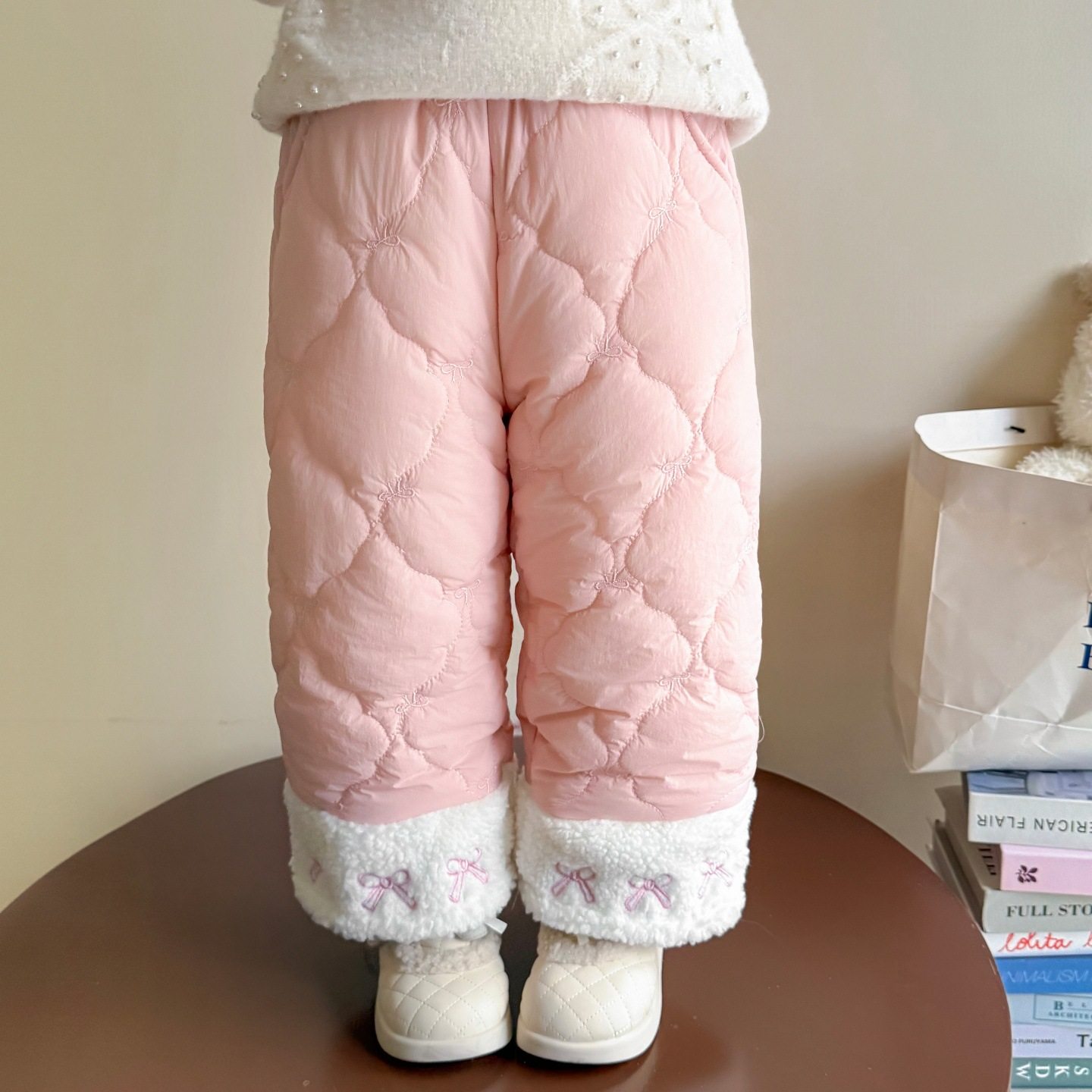 女小童加绒棉裤秋冬款洋气加厚外穿长裤冬装儿童蝴蝶结直筒裤P66，童装裤子，祺妙童装