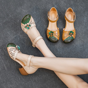 夏季新款女式中空凉鞋民族风头层牛皮粗跟魔术贴花朵拼色妈妈鞋子