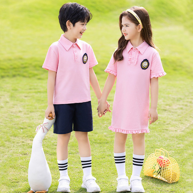 男女童小学生纯棉粉色校服套装