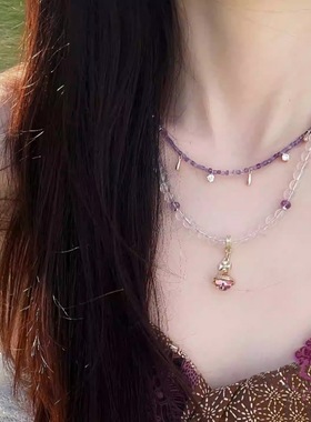 天然莫桑粉项链紫水晶项链女款闺蜜海边度假叠戴配项饰礼