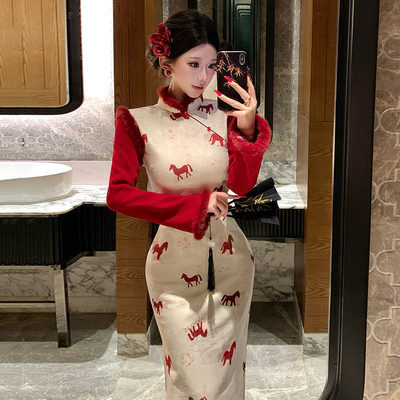 马年红色加绒冬装国风新中式长袖改良旗袍冬季厚款女级感拜年服